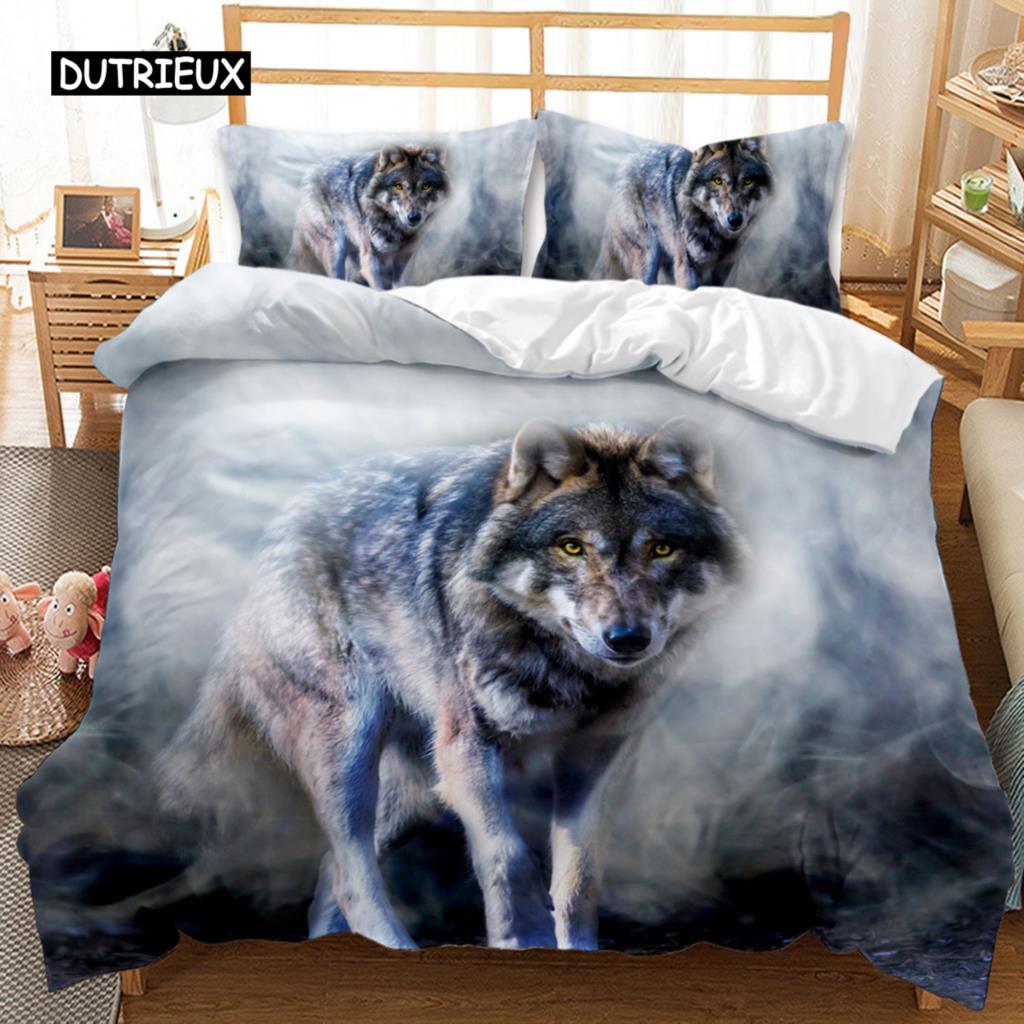 Wolf Bettbezug Set Tiermuster Bettwäsche Set Cooles Wildleben Bettdeckenbezug Kinder Glitzer Blau Wilder Wolf Polyester Quiltbezug