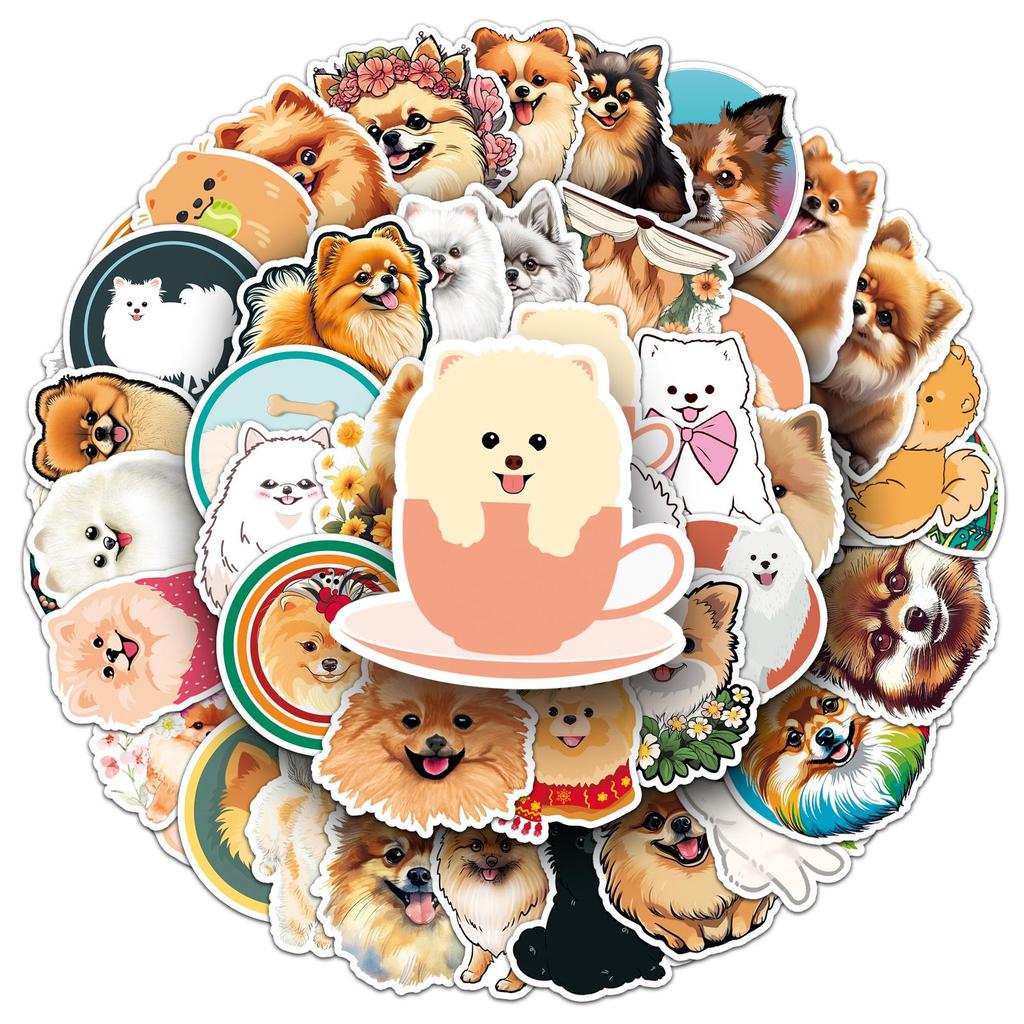 50 Pomeranian Dog Stickers: Cute Hand-Painted Puppy Decorations for Journals and Milk Tea Cups