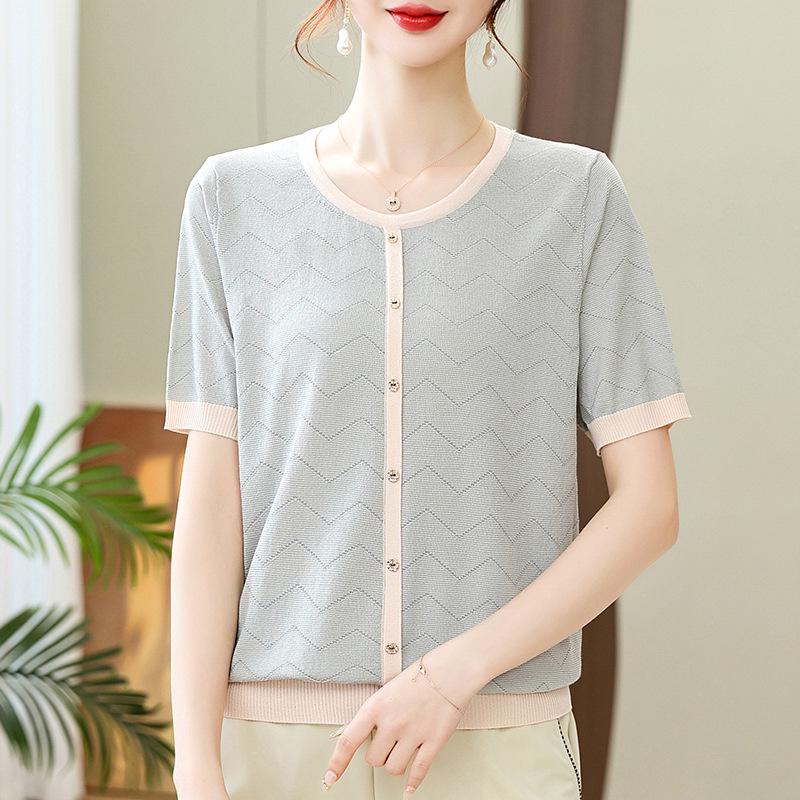 

2026 Summer Ice Silk Knit T-shirts for Moms & Elderly Women – Short-Sleeved, Stylish Tops L (suggested 80-100 jin) зелений/сірий колір