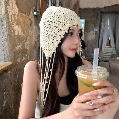 Hollow Out Hollow Pearl Tassels Knitted Hat Crochet Flower Ethnic Style Hat  Apparel Accessories