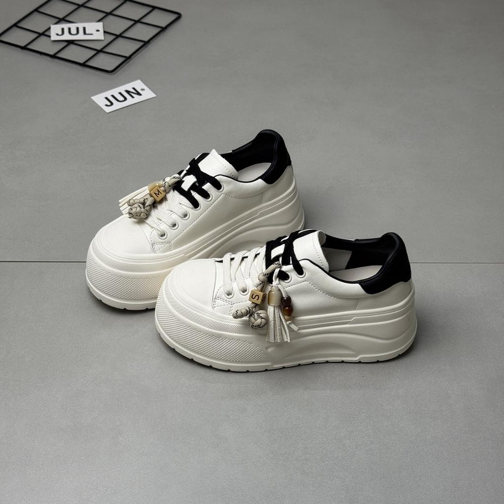 Leather Thick-soled Ugly Cute Big-headed Muffin Little White Shoes Women's 2025 Autumn New Height-increasing Versatile Lightweight Casual Board Shoes