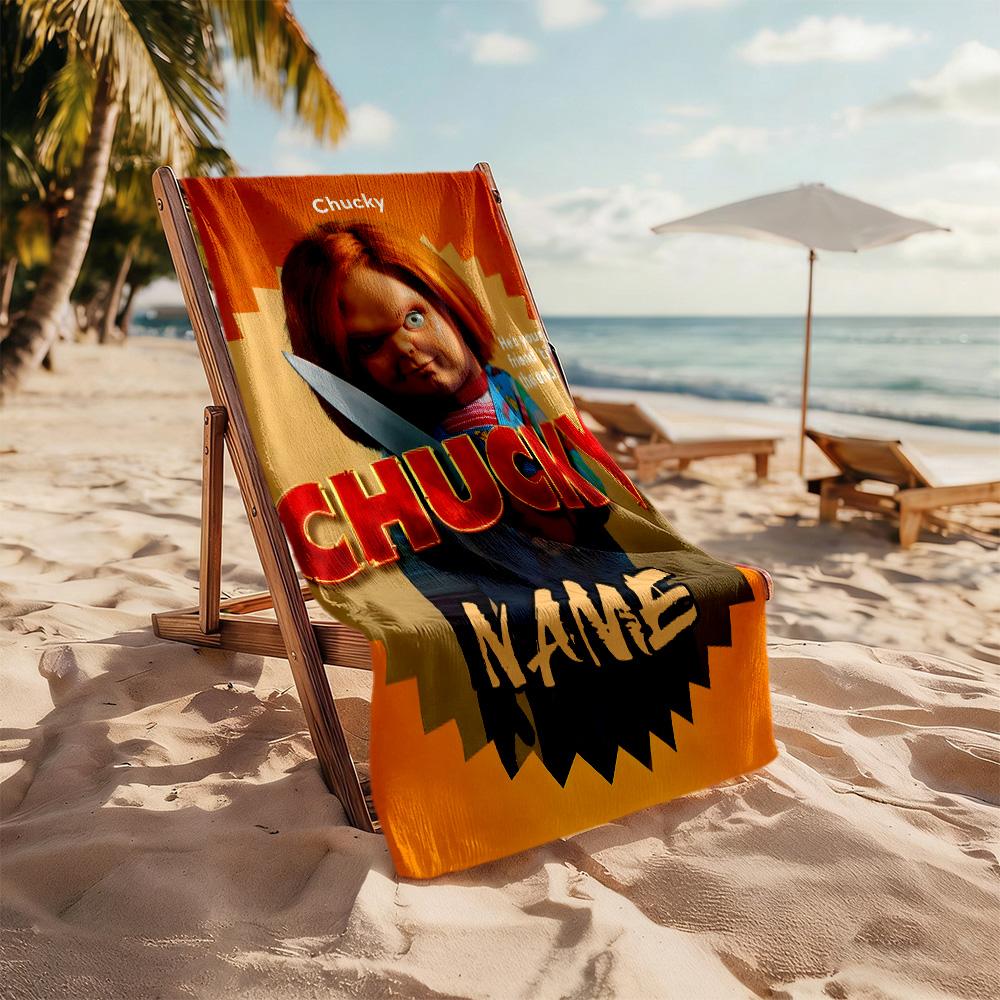 Chucky's Fiery Journey Customizable Name Beach Towel Quick-Dry Soft Microfiber