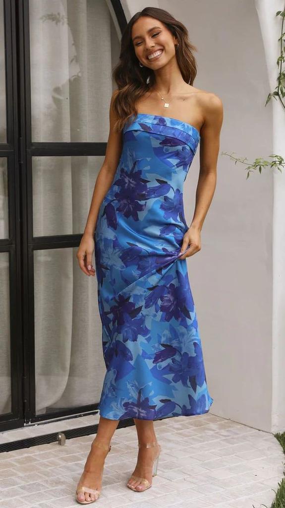 Spring and Summer New Temperament Socialite Satin Backless Tube Top Dress Print
