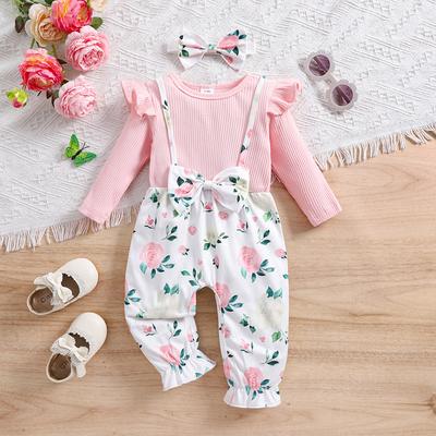 Baby Meisje Ruche Mouw Roze Romper Bodysuit Bloemen Strik Jumpsuit Eendelig Outfit Set