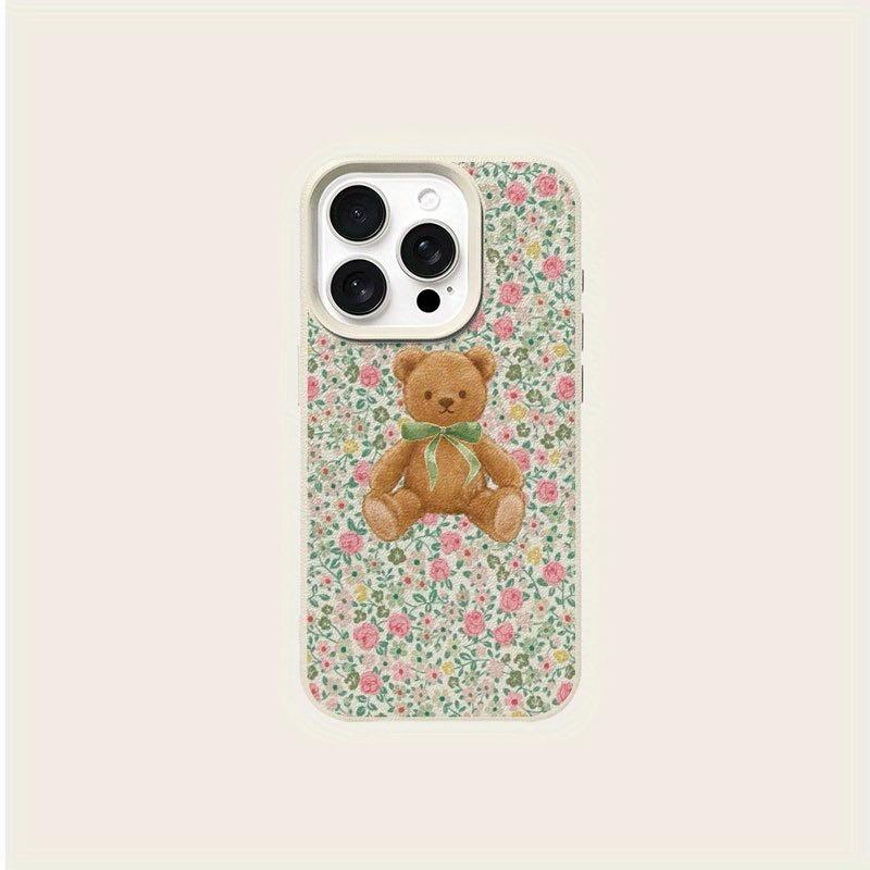 

A Green Bow-Tie Bear Patterned Lychee-Textured Phone Case, Suitable for iPhone 17, 16, 15, Plus, Pro, Max Series Phones - Ideal for Gifting iPhone 11 Pro слонова кістка