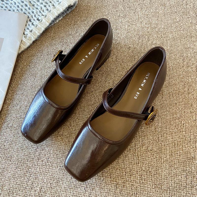

G3760-70 French square head shallow mouth single shoes women s 2025 autumn new temperament thick heel with Mary Jane shoes 40 коричневый