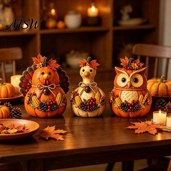 Decorative Wooden Tabletop Accents 3PCS Rustic Autumn Harvest Ornaments, Animal Designs Retro Vintage Distressed Wood Crafts Farmhouse Crafts,