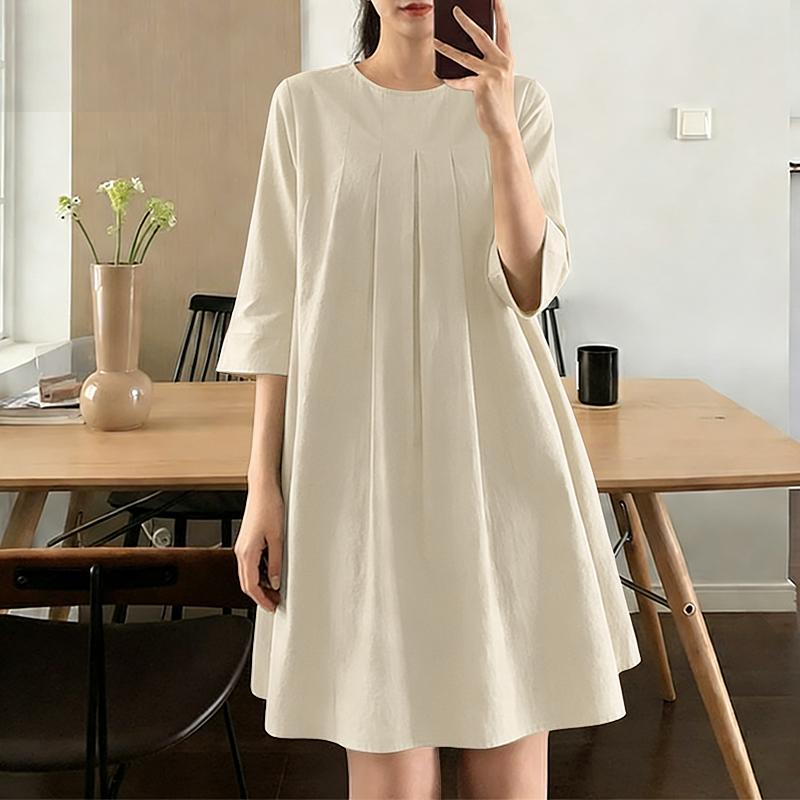 ZANZEA Women Casual Round Neck Solid Color 3/4 Sleeve Loose Dress