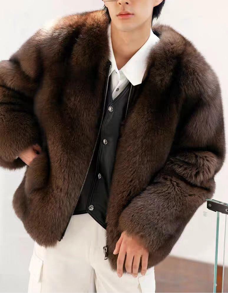 

Autumn and winter men s fox hair short jacket fashionable light temperament thickened warm top light luxury casual fur coat 6XL