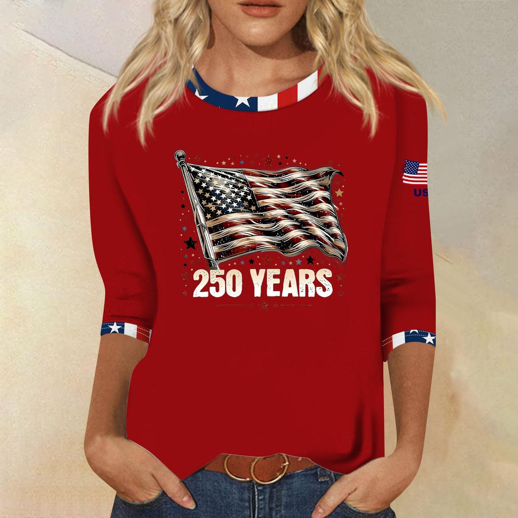 Women's Fashion Casual Seven-Sleeve Independence Day Print Round Neck Top