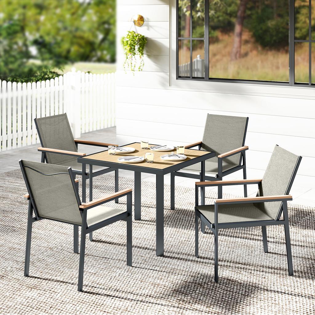 Five-Piece Metal Dining Set, with Glass-Top Table - Khaki