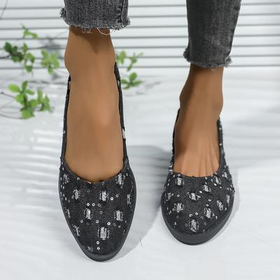 Scarpe di stoffa primavera e autunno 2025 testa rotonda europea e americana tacco spesso casual paillettes taglia grande commercio estero scarpe singole da donna