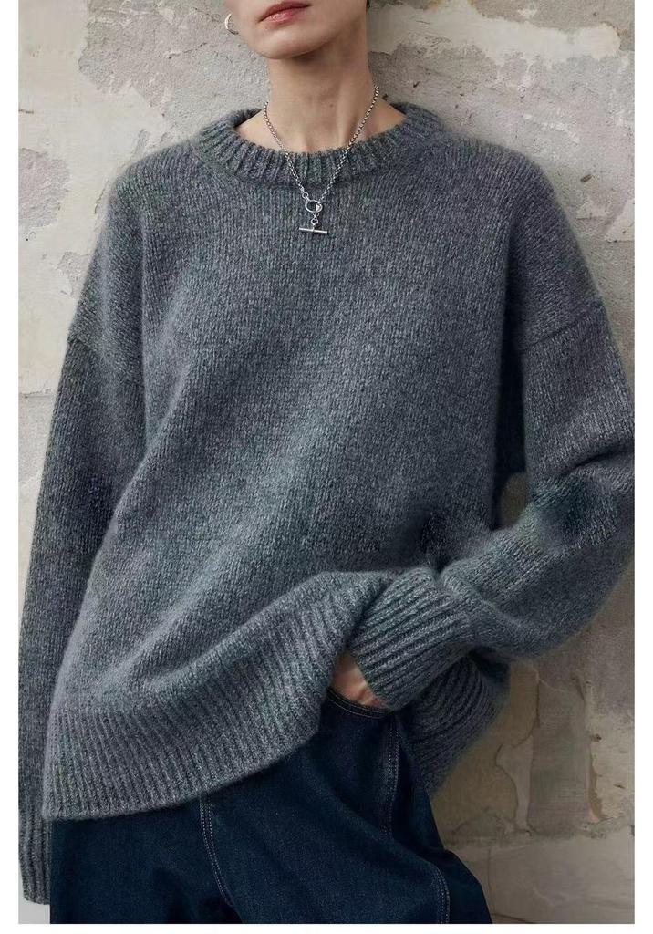 Women's 100% Pure Wool Round Neck Thick Warm Loose Pullover Sweater - Long Sleeve, Autumn Winter Base Layer