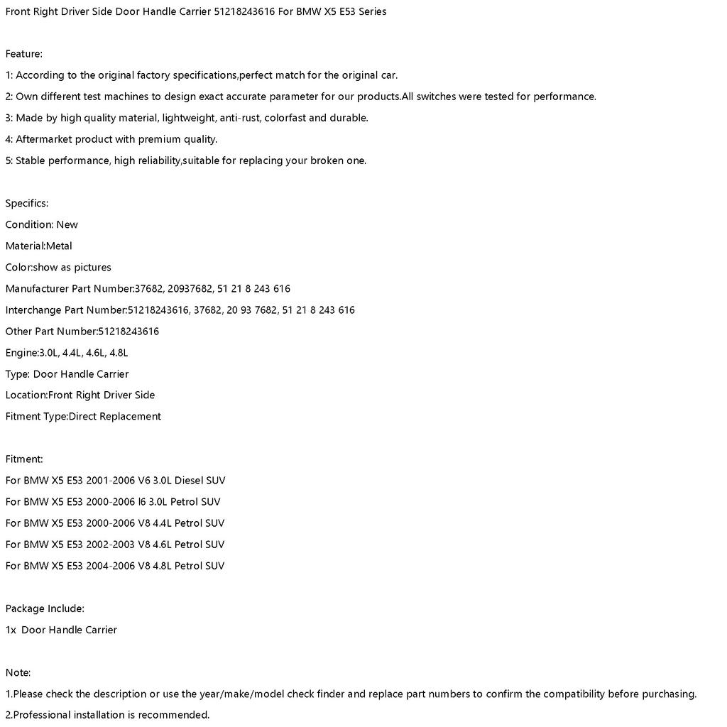 Framsida Höger Förarsida Dörrhandtagshållare 51218243616 För BMW X5 E53 Serie