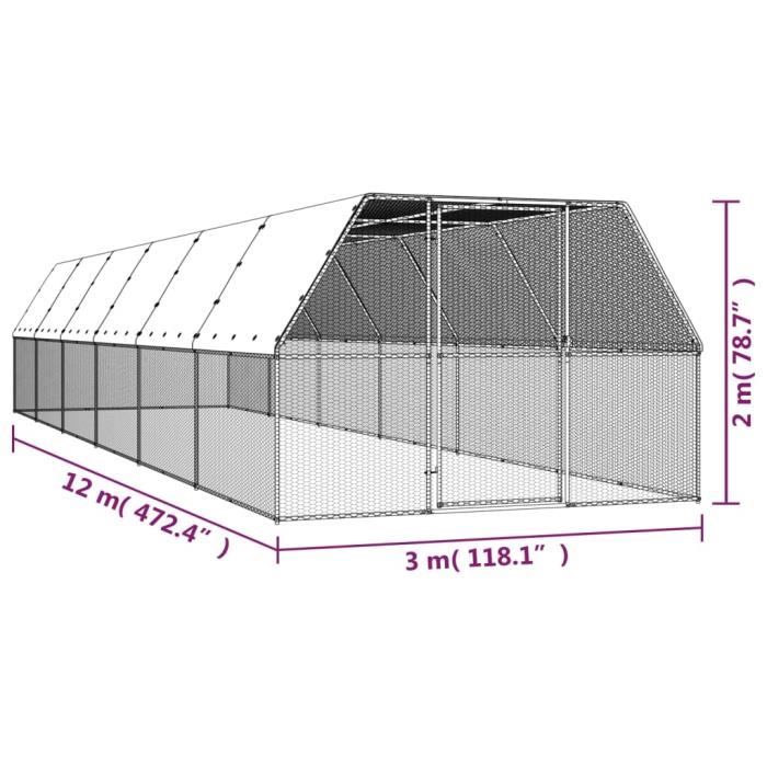 3154380 vidaXL Poulailler d'extérieur 3x12x2 m Acier galvanisé