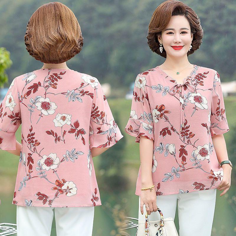 Mother Top Chiffon T-shirt Middle-aged and Elderly Short-sleeved Women's Clothing New Style Thin Shirt Fashionable