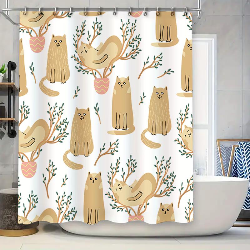 

Cute Cat Shower Curtain Decor With Flower Pot Trees Animal Print Home Textiles For Bathroom Decoration Waterproof Fabric Waterco W60H190(CM)-1 Pcs
