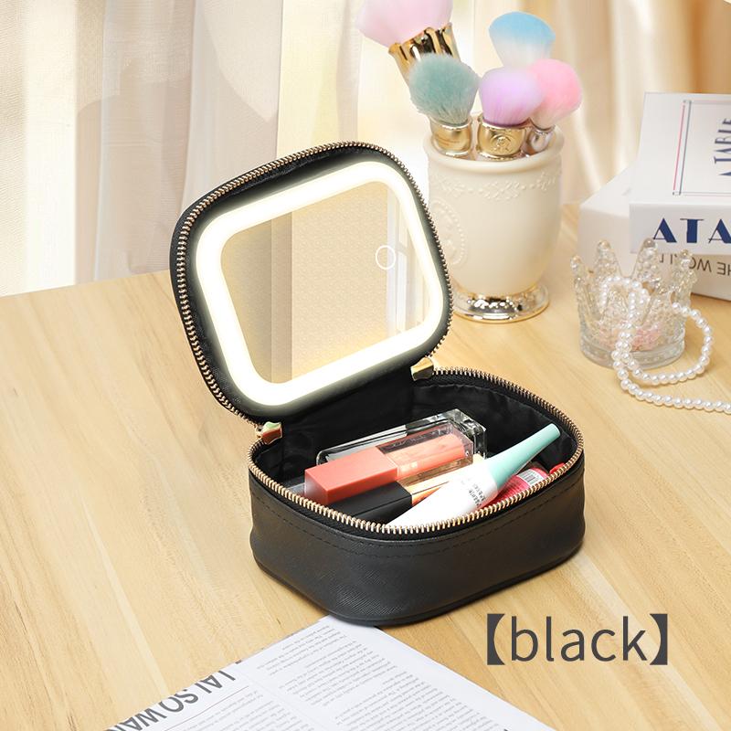 1 PC PU leather Makeup Bag - Portable travel odorless, jewelry and makeup storage bag with led lights and detachable mirror чёрный