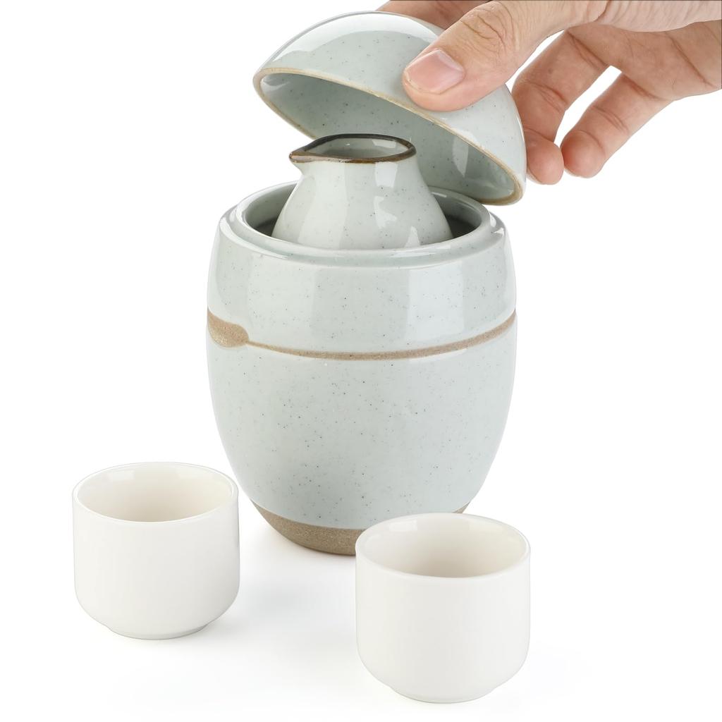 Sake and Hot Sake Set - Ceramic 5-Piece Set: 1 X 150ml Sake Carafe, 2 X 30ml Sake Cups, 1 X 350ml Sake Carafe, 1 X Sake Warmer, 1 X 70ml Lid. The Cara