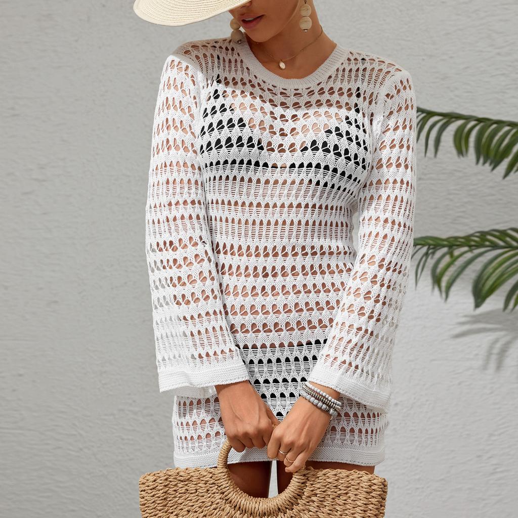Women's Summer New Arrival Knitted Long-sleeved Beach Blouse Sun Protection Sexy Hollow Knitted Dress