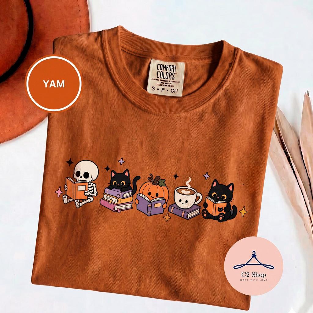 Halloween Bookish Tee for Book Lovers, Spooky Readers Club, Girly Autumn, Skeleton Cat Books, Comfort Colors