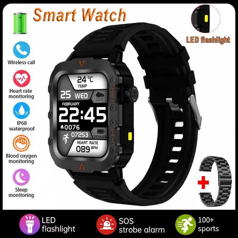 New Men's BT Call Smart Watch LED Flashlight Outdoor Sports Fitness Tracking Smartwatch Wristwatch Health Monitoring Watch
