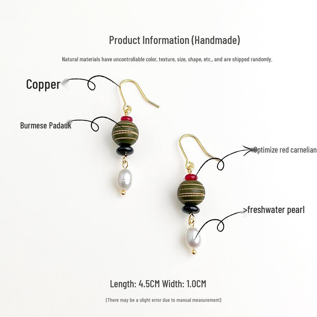 Handmade Wooden Freshwater Pearl Beaded Earrings - Retro Ethnic Hanfu Style