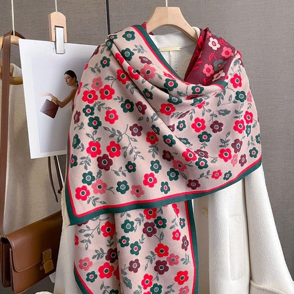 Flower Plaid Knitted Scarf Korean Style Floral Print Scarf Trendy Winter Cashmere Shawl  Lady
