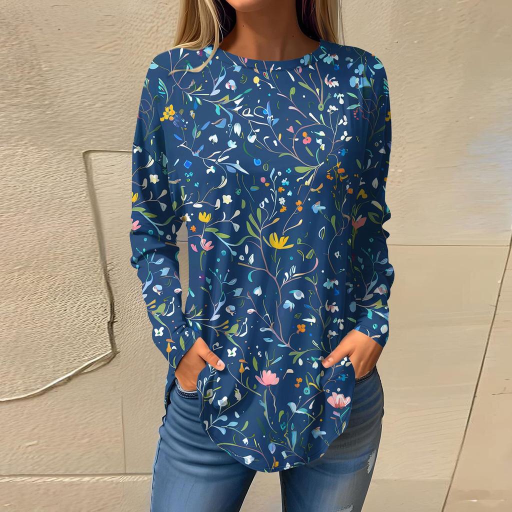 Women's Fashion Casual Round Neck Floral Long Sleeve T-shirt Pullover Long Sleeve Top