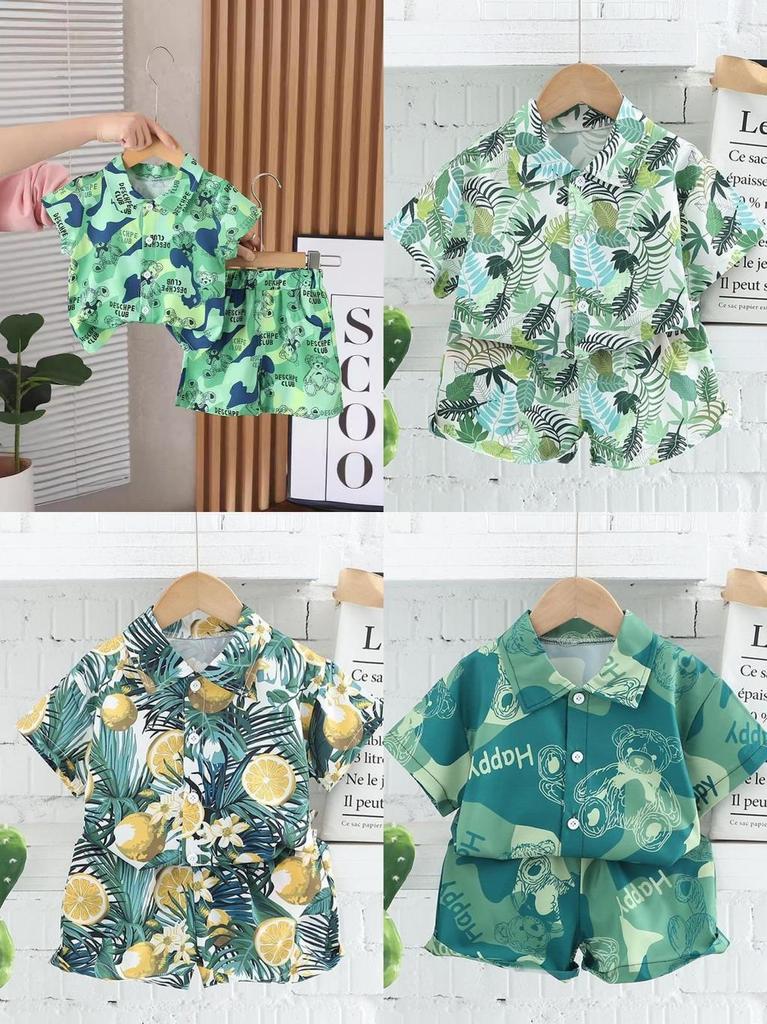 Adorable Boys Hawaiian Floral Shirt And Short Set For Summer Beach Vacation In Soft Cotton