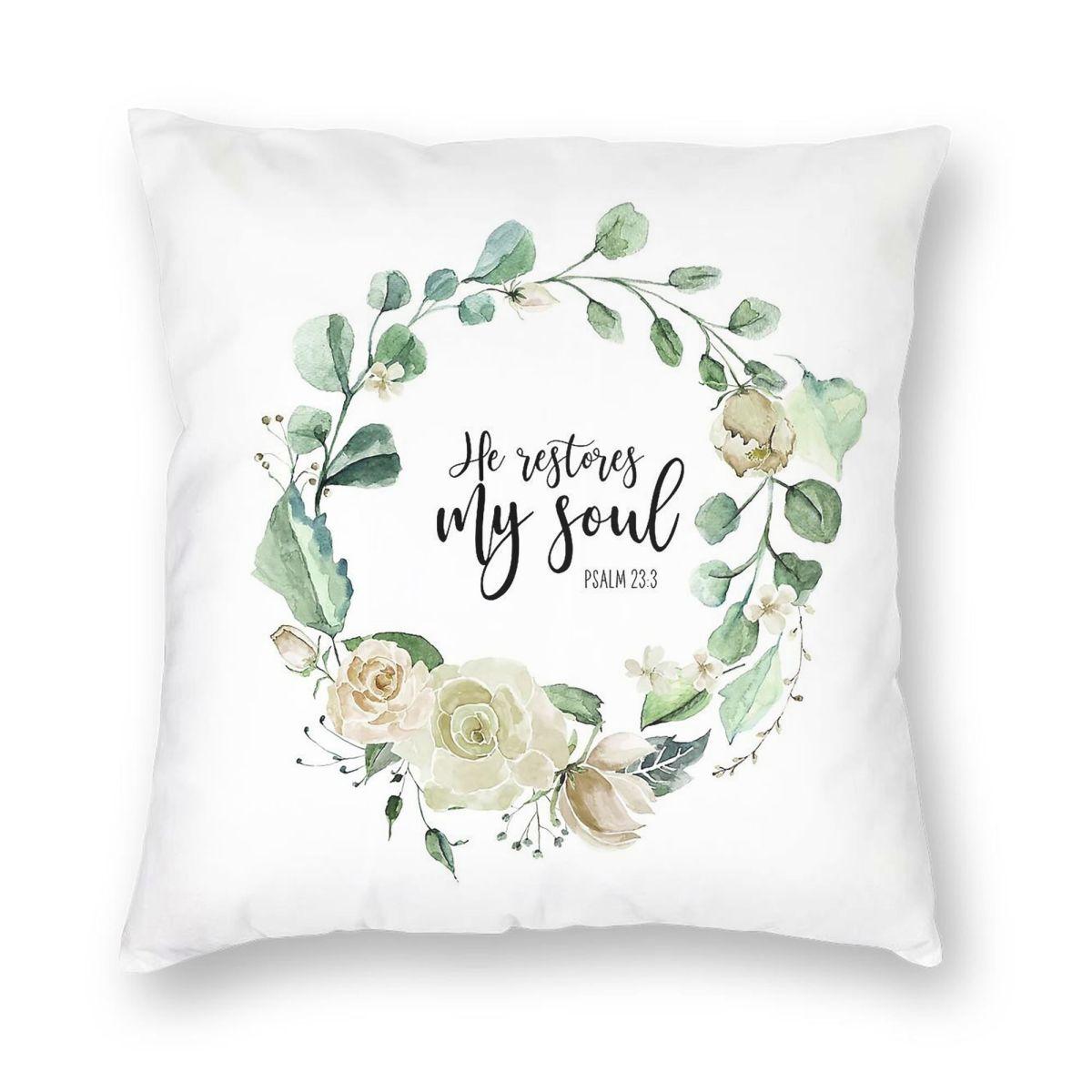 He Restores My Soul Bible Verse Psalm Square Pillowcase Polyester Linen Velvet Pattern Zip Decorative Pillow Home Cushion Cover Peach skin 18*18(CM)-1Pcs