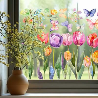 Yousheng Floral Window Sticker Sheet Vibrant Color Tulip Butterfly Design PVC Glass Film Decal Living Room Kitchen Office Decor