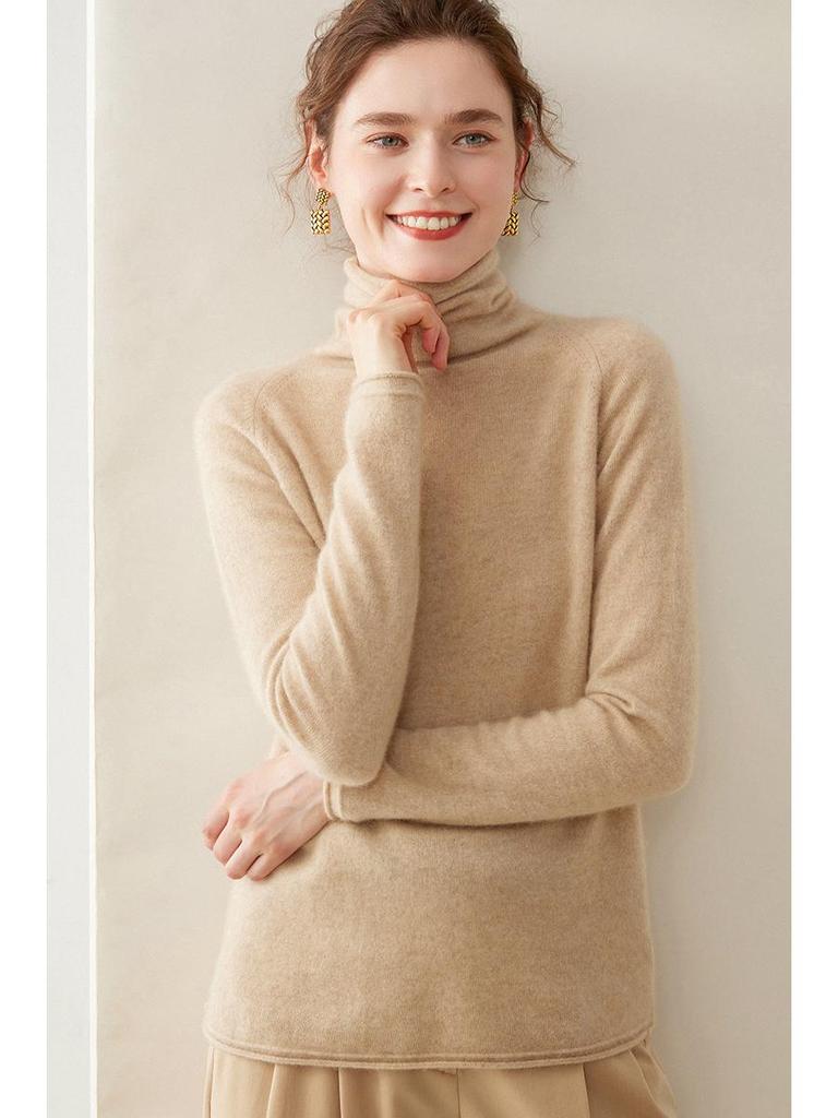 High-End Women's Loose Fit Cashmere Turtleneck Sweater with Rolled Edge