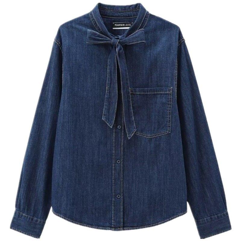 

Fashion Style 2024 Autumn New Arrival Women s Stylish Easiest for Match Slim Looking Bowknot Decoration Denim Shirt 5520267 Blue L
