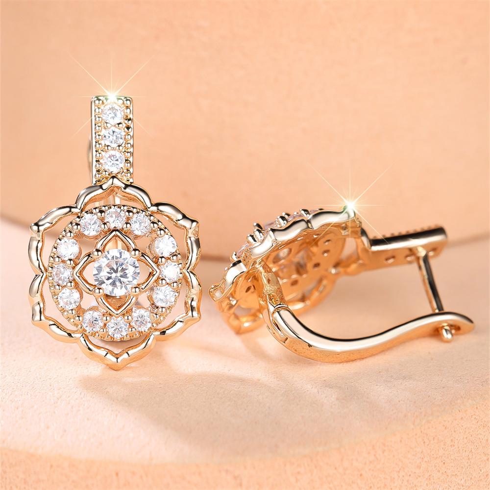 White Zircon Round Stone Trendy Flower Hoop Earrings For Women Vintage Gold Color Ear Buckle Wedding Jewelry Mother's Day Gifts