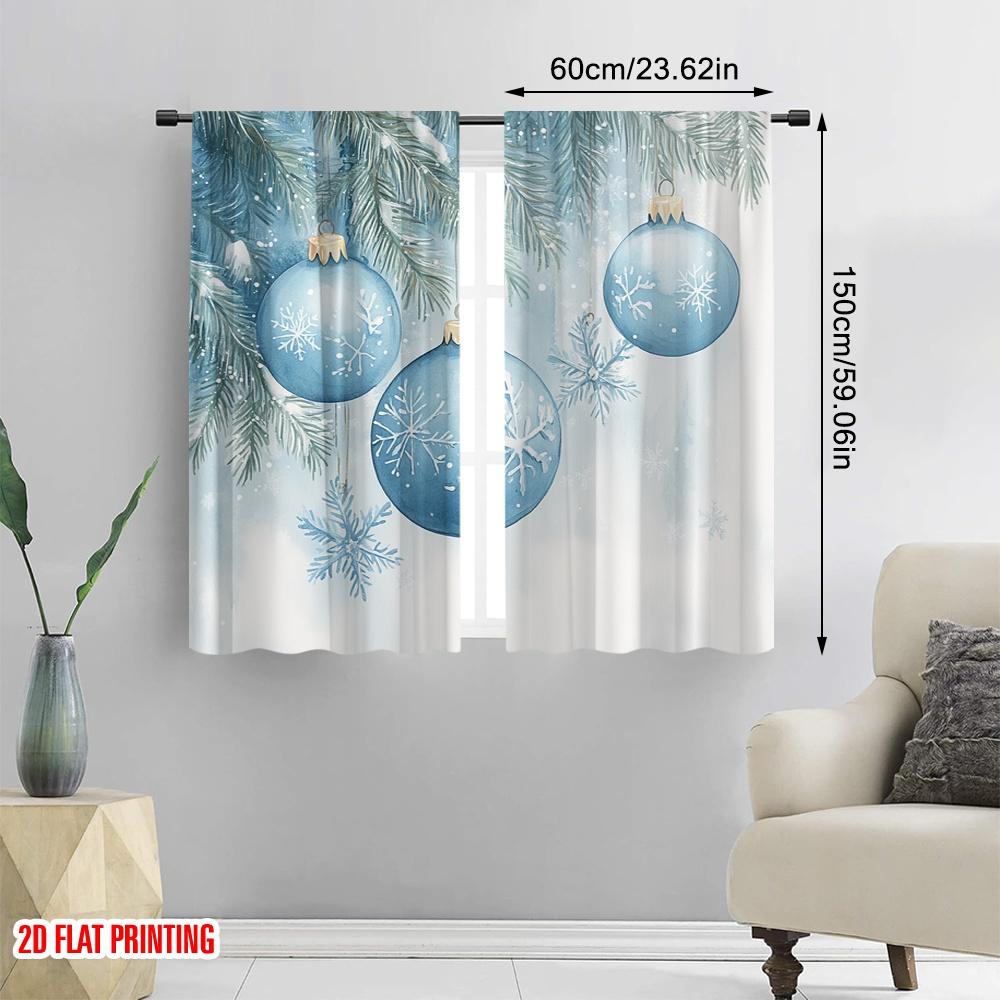 2pcs,2D Plane Printing Window Curtain Blue Christmas Ornaments Snowflakes_a (3) Versatile 100% Polyester (without Rod) Holiday