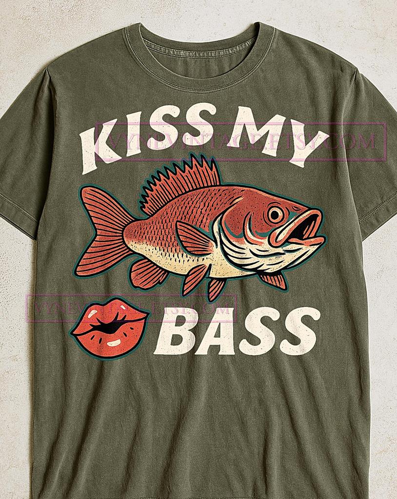 Kiss My Bass T-Shirt, Fish Pun Joke Tee, Fishing Humor Retro Cartoon Shirt, Outdoor Vintage Shirt, Angler Gift