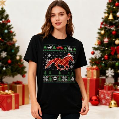 Plaid Horse Riding Creative Grid Design Christmas Tshirt Equestrian Holiday Shirt Horse Lover Unisex Tee Unisex Women Fashion Tops