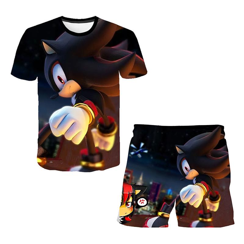 2025 MINISO Ny Japansk Tecknad Sonic 2 T-shirt Barnens Topp Shorts Tvådelat Set Sommar Pojke Tecknad Söt SONIC T-shirt+ Strandbyxor