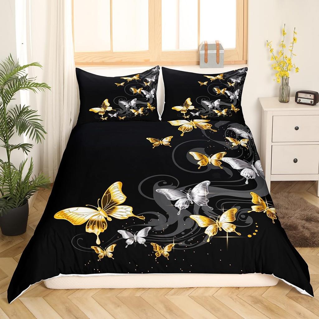 Blue Butterfly Duvet Cover Set for Girls, Mandala Bedding Boho Floral Bedroom Comforter Cover Butterfly Print King Quilt Covers