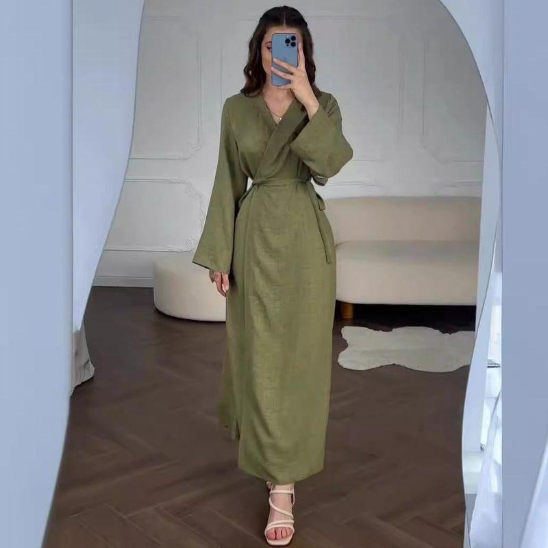 European and American Chinese Style Long sleeve dress 2025 Summer Cold Feeling Lace-up Waist Hugging V-neck Long dress