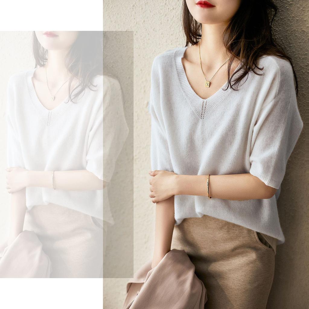 Summer cut and knit 2XL [Bolan Verl] knit, sewn, V-neck, 5/8 sleeve, top, clean, simple, plain, spring, summer, fall, women's, loose, sheer, white,