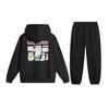 Li Ning Letter Print Pullover Loose Hooded Drop Shoulder Long Sleeve Elastic Waist Long Pants Casual Sports Suit Unisex suit Black AWDU133-4+YKLU208-1