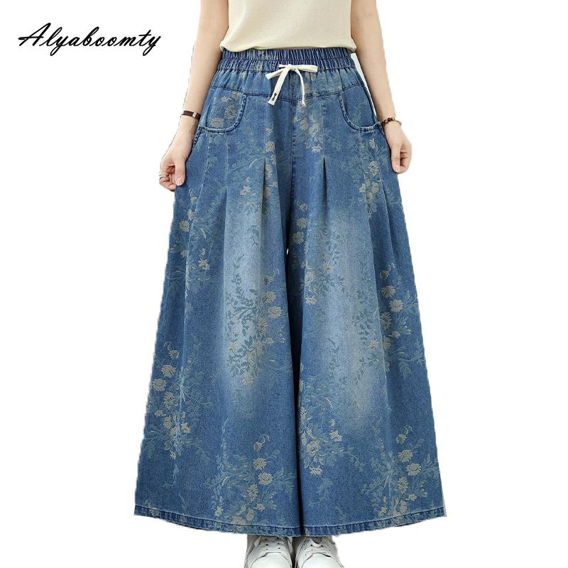 Plus Size Spring Summer Women Wide Leg Jeans Drawstring High Waist Blue Floral Print Baggy Denim Pants Vintage Ladies' Basic Jeans