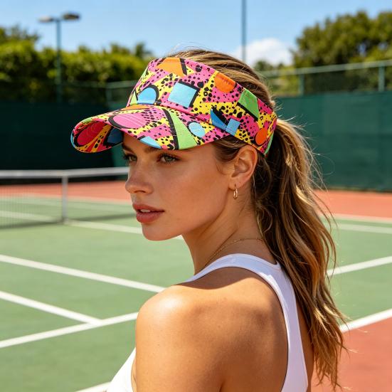 Unisex Sun Hat Breathable Hollow Top Sun Visor Hat Adjustable Size Geometric Pattern Large Brim Outdoor Running Fitness Travel Hat