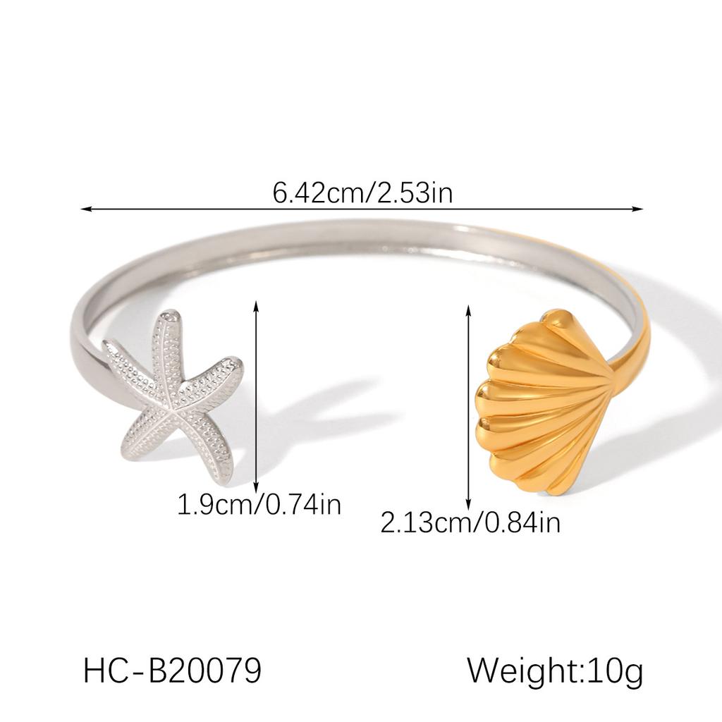 Stainless Steel Starfish Shell Open Bangle for Women, High-end Ocean Style Titanium Steel Bracelet