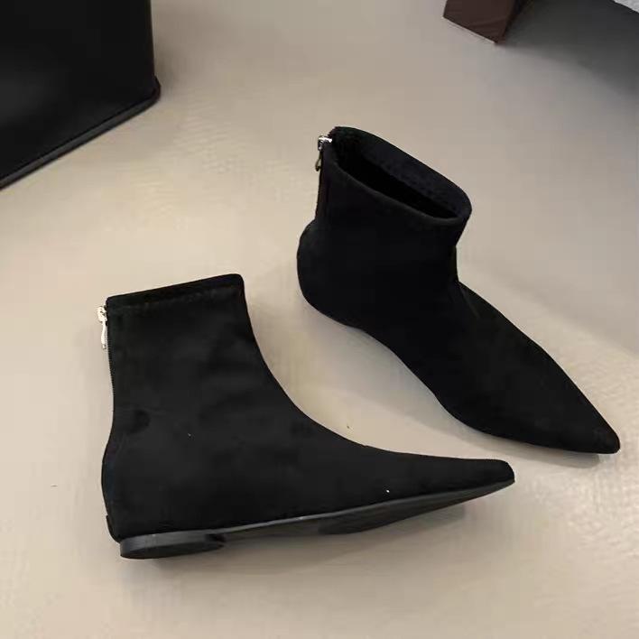 Cowhide Version Suede Simple Pointed Short Boots Women's Autumn and Winter New Rear Zipper Thin Boots Fashion Boots Women
