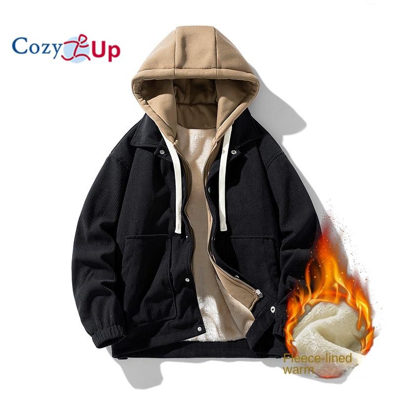 

Уютная мужская вельветовая куртка на флисовой подкладке с капюшоном на молнии, зимнее уличное пальто на пуговицах M чёрный