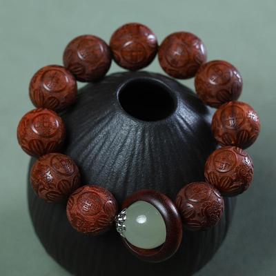 Rosewood Ebony Carved Jinbao Luminous Stone Bracelet - Red Wood Cultural Buddhist Beads for Men and Women.