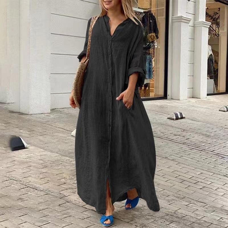 Damen Frühlings Sommer Baumwolle Leinen Maxikleid Hemdkragen Langarm Knöpfe Locker Große Größen Freizeitkleid mit Taschen für Tägliches Urlaubs Tragen